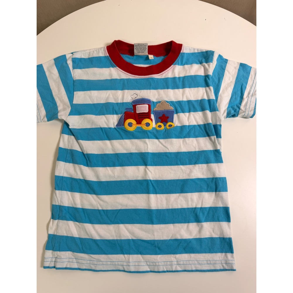 Luigi Kids T-Shirt Size 7 Blue White Striped casual Embroidered Train Tee